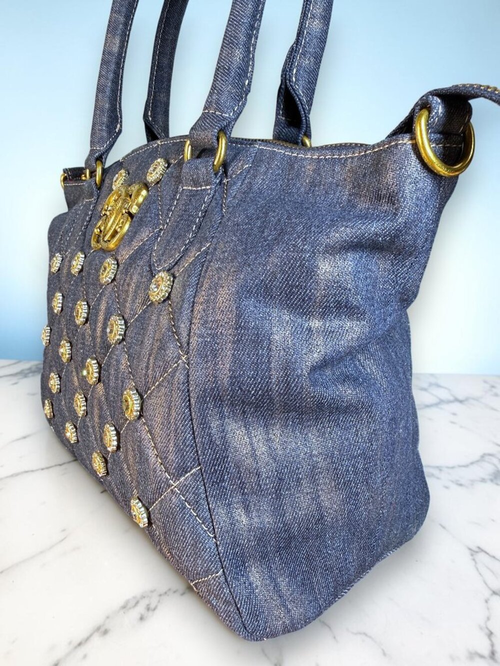 Sharif 1827 Legacy Rare Quilted Denim Rhinestone Satchel Crossbody Bag - Picture 6 of 14